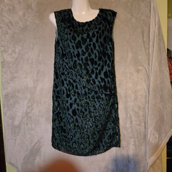 Emporio Armani XS Whimsy Goth‎ Velvet Dark green Leopard Sleeveless Shift Dress - Picture 5 of 12
